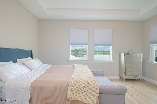 bedroom with a raised ceiling, light hardwood / wood-style flooring, and multiple windows