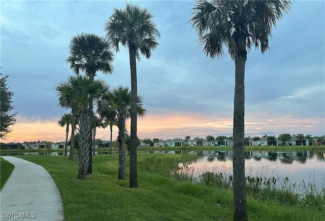 view of community with a yard and a water view