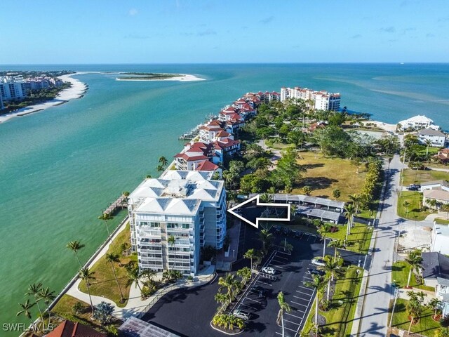 birds eye view of property featuring a water view