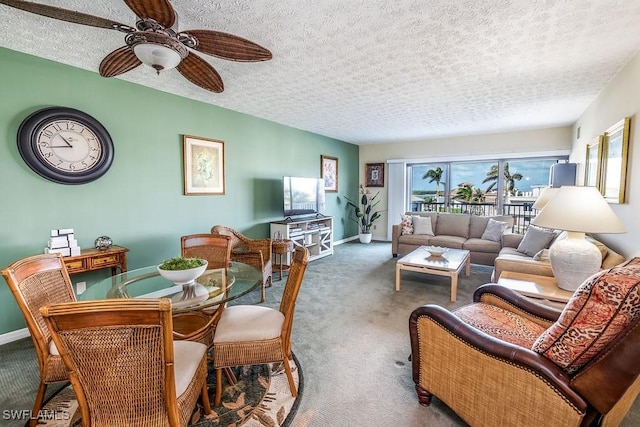 carpeted living room featuring a textured ceiling