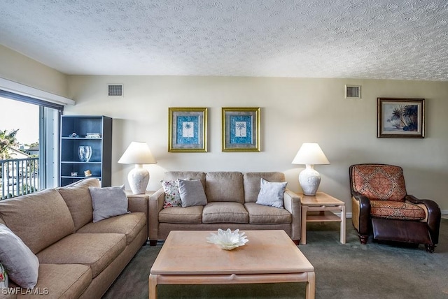 living room featuring a textured ceiling and dark colored carpet