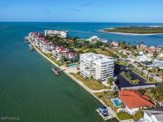 drone / aerial view featuring a water view