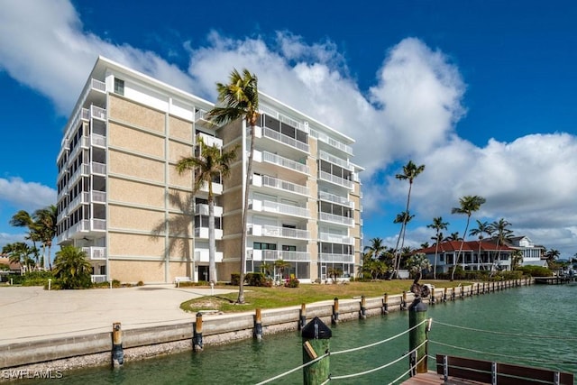 exterior space with a water view