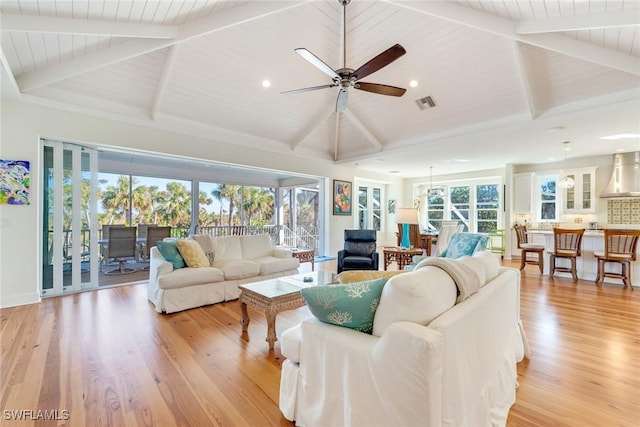 living room featuring lofted ceiling with beams, light hardwood / wood-style floors, ceiling fan, and wooden ceiling