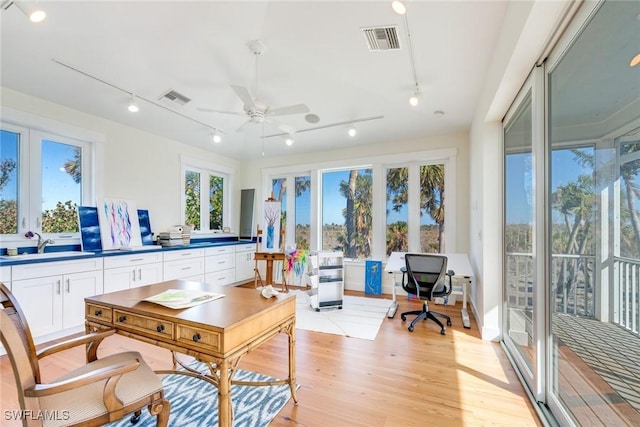 home office with plenty of natural light, light hardwood / wood-style floors, sink, and ceiling fan