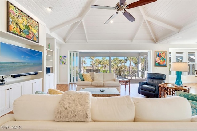 living room featuring lofted ceiling with beams, light hardwood / wood-style floors, wood ceiling, and ceiling fan