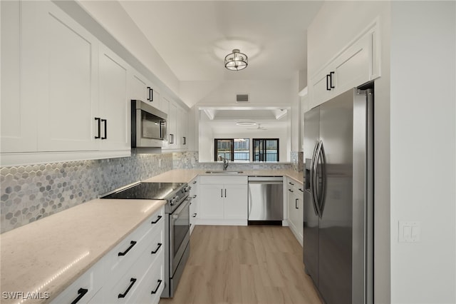 kitchen with backsplash, sink, white cabinets, and appliances with stainless steel finishes