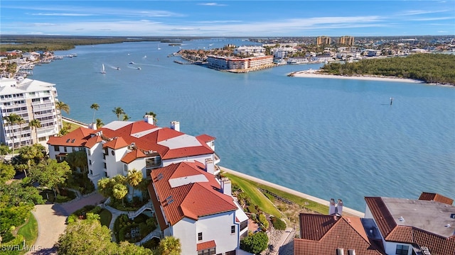 bird's eye view with a water view