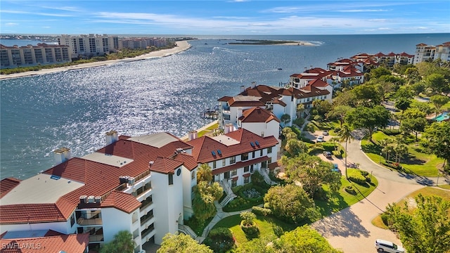 drone / aerial view with a water view