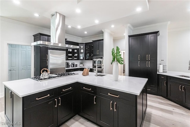 kitchen featuring stainless steel appliances, island range hood, sink, light hardwood / wood-style floors, and an island with sink