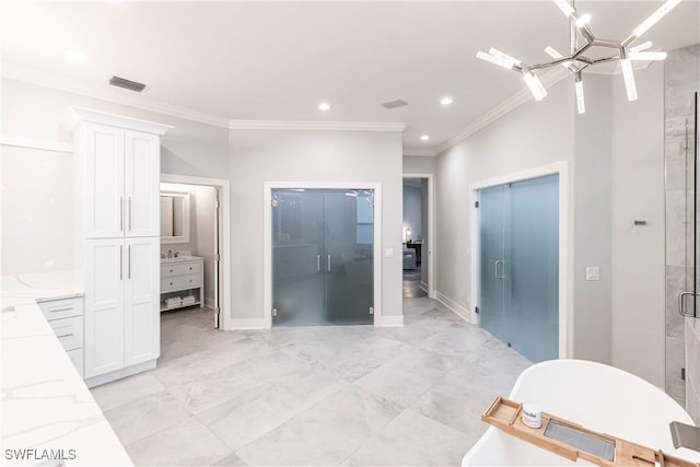 bathroom with elevator, an inviting chandelier, crown molding, shower with separate bathtub, and vanity