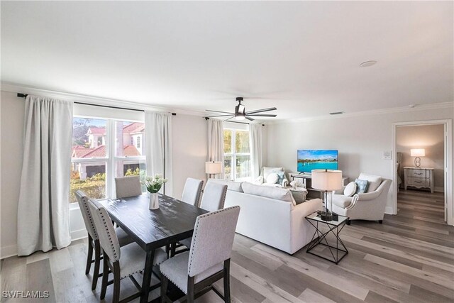 dining area featuring light hardwood / wood-style floors, ceiling fan, and crown molding