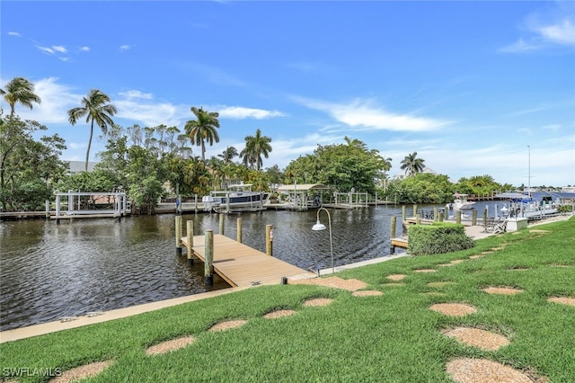 dock area featuring a water view and a yard