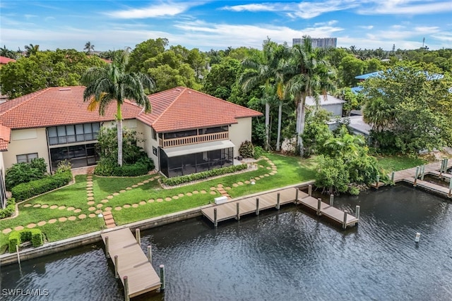 aerial view featuring a water view