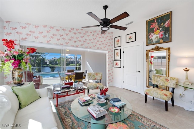 living room featuring ceiling fan