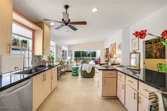 kitchen with a ceiling fan, a textured ceiling, a sink, and stainless steel dishwasher