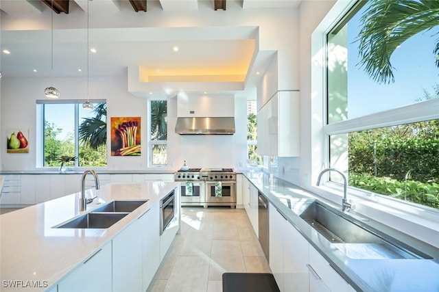 kitchen with under cabinet range hood, modern cabinets, white cabinetry, and a sink