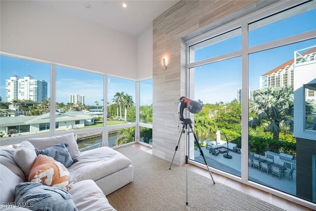 sunroom with a city view