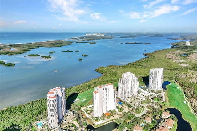 drone / aerial view with a water view