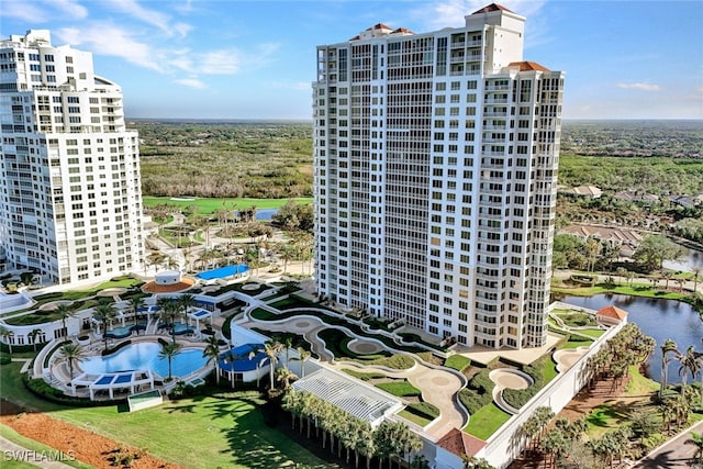 view of building exterior with a water view