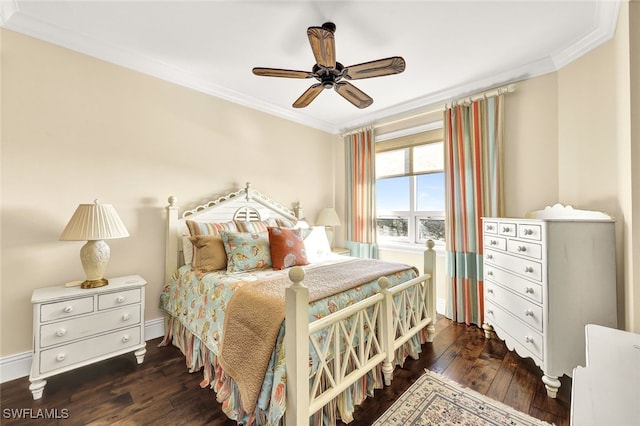 bedroom featuring ceiling fan, crown molding, and dark wood-type flooring