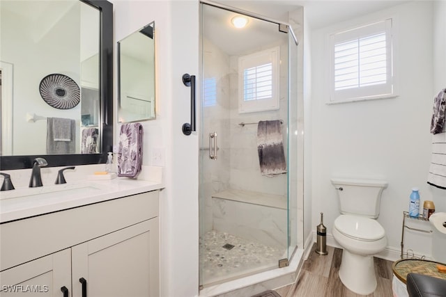 bathroom with vanity, wood-type flooring, an enclosed shower, and toilet