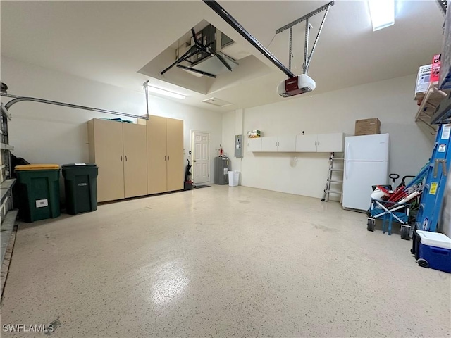 garage with electric panel, white fridge, and a garage door opener