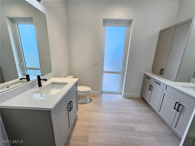 bathroom with hardwood / wood-style floors, vanity, and toilet