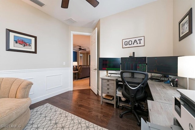 office space with wood-type flooring and ceiling fan