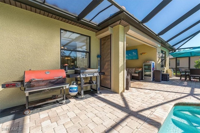 20256 Black Tree Ln, Estero, FL 33928 - view of patio / terrace with glass enclosure, grilling area, an outdoor pool, and outdoor dining area