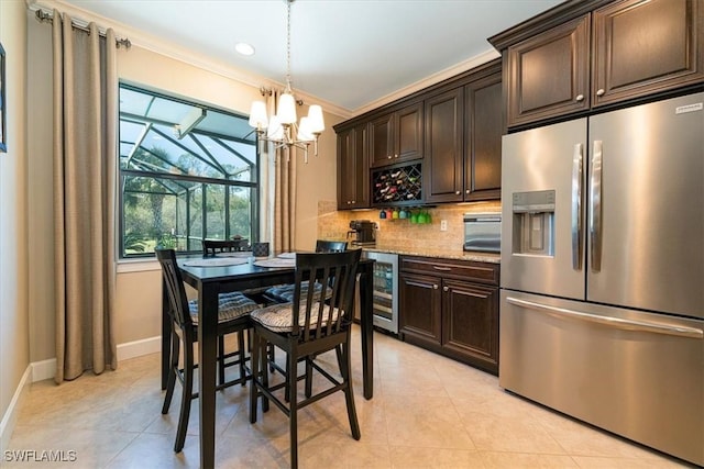 kitchen with wine cooler, light stone counters, dark brown cabinets, and stainless steel refrigerator with ice dispenser