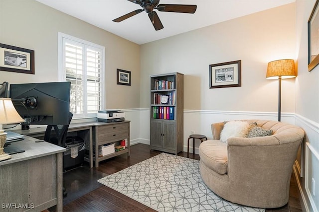 office featuring dark hardwood / wood-style flooring and ceiling fan