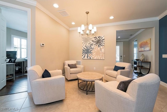 living room with crown molding, a chandelier, and light tile patterned flooring