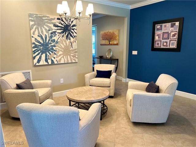 living area featuring crown molding and a chandelier