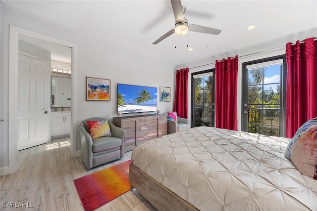 bedroom with access to outside, ceiling fan, light wood-type flooring, ornamental molding, and connected bathroom