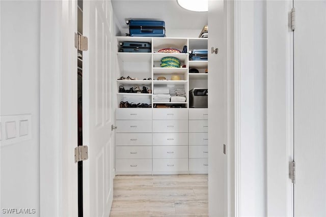 walk in closet with light hardwood / wood-style flooring