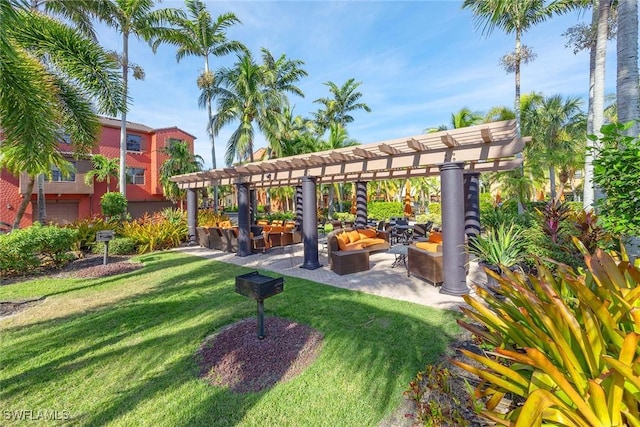 view of home's community featuring a pergola, outdoor lounge area, and a lawn