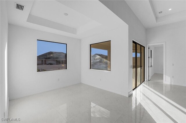 unfurnished room featuring a raised ceiling