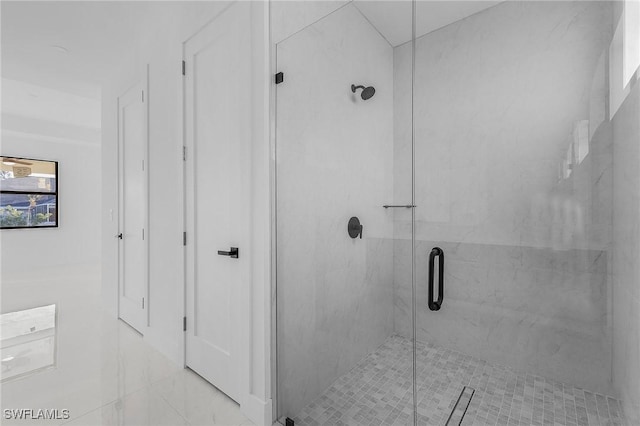 bathroom featuring a shower with door