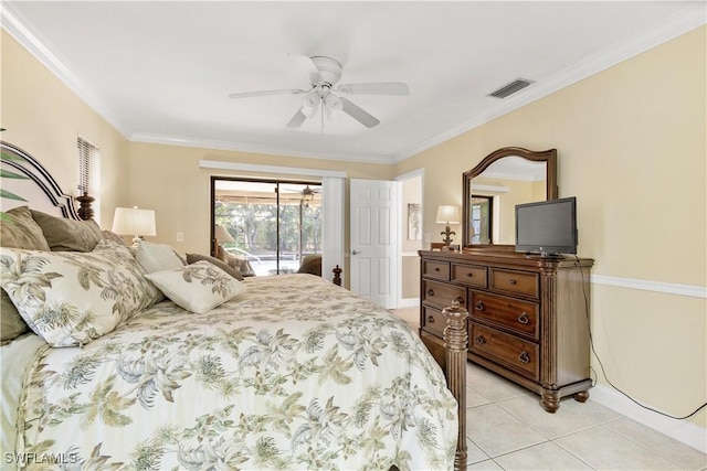 tiled bedroom featuring access to exterior, ceiling fan, and ornamental molding