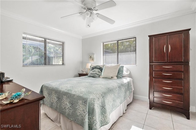 bedroom with ceiling fan, crown molding, and light tile patterned flooring