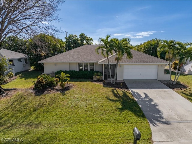 single story home featuring a front lawn and a garage