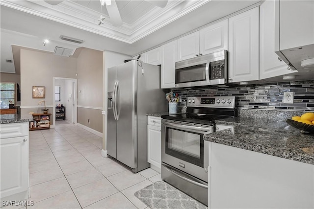 kitchen featuring backsplash, white cabinets, ornamental molding, and appliances with stainless steel finishes