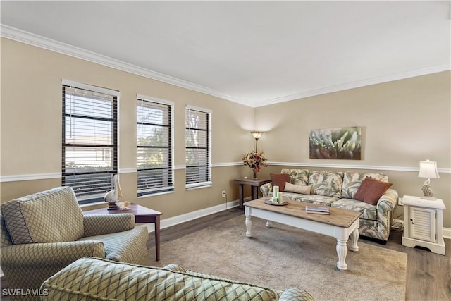 living room with hardwood / wood-style flooring and crown molding