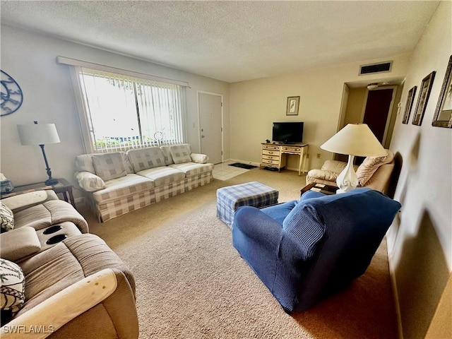 living room featuring carpet flooring and a textured ceiling