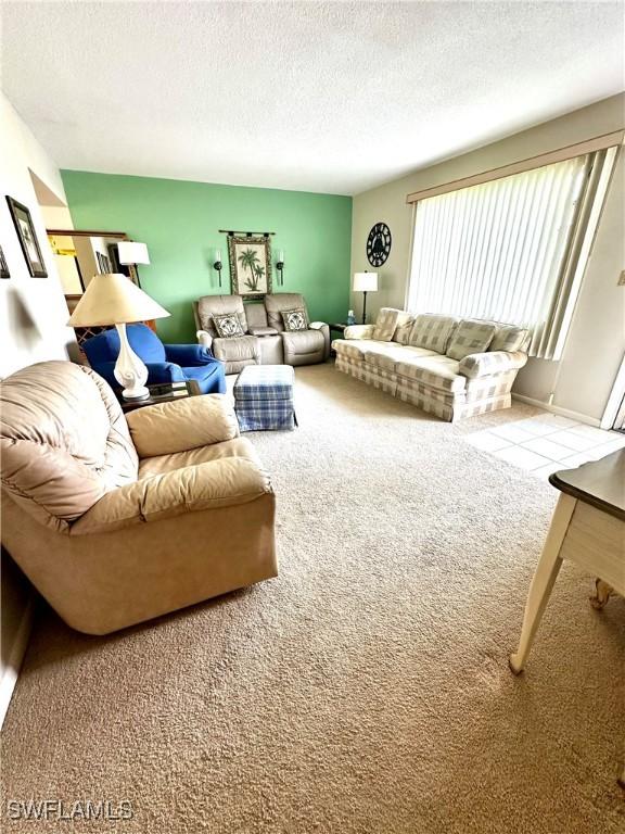 carpeted living room with a textured ceiling