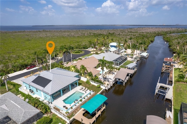 aerial view featuring a water view