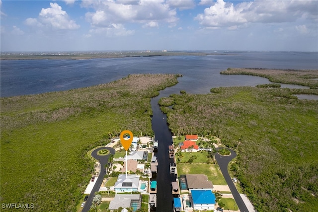 drone / aerial view featuring a water view