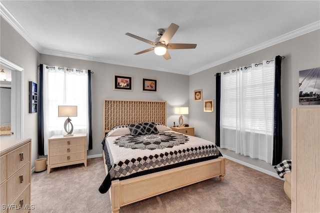 bedroom with multiple windows, ceiling fan, crown molding, and light carpet