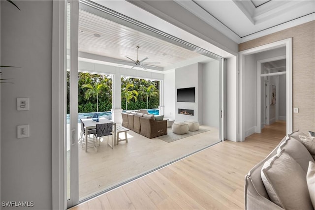 living room with light hardwood / wood-style floors and ceiling fan